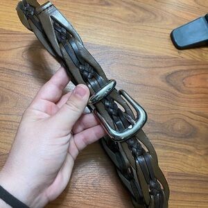 Genuine leather braided brown belt silver tone buckle boho western classic small